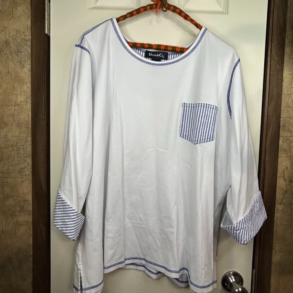 Denim & Co 2X Pull-Over Top. 3/4 Sleeve Slit at Cuff. Small slits at side hems.